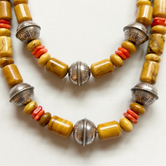 Vintage Running Bear Jasper Wood Red Coral Sterling Silver Bead Necklace - Picture 5 of 12